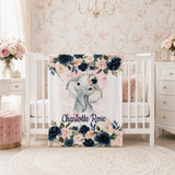Personalized Baby Blanket, Elephant Floral Name Gift, Blush Pink Navy Flowers