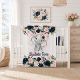 Personalized Baby Blanket, Elephant Floral Name Gift, Blush Pink Navy Flowers