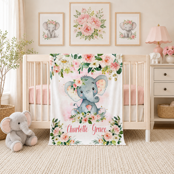Personalized Elephant Baby Girl Blanket, Blush Pink Watercolor Flowers B675