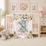 Personalized Elephant Baby Girl Blanket, Blush Pink Watercolor Flowers B675