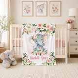 Personalized Elephant Baby Girl Blanket, Blush Pink Watercolor Flowers B675