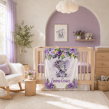 Personalized Elephant Girl Blanket - Purple Lavender Florals, Custom Name Nursery Gift
