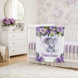 Personalized Elephant Girl Blanket - Purple Lavender Florals, Custom Name Nursery Gift