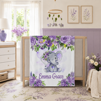 Personalized Elephant Girl Blanket - Purple Lavender Florals, Custom Name Nursery Gift