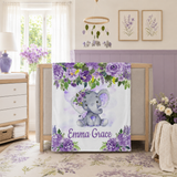 Personalized Elephant Girl Blanket - Purple Lavender Florals, Custom Name Nursery Gift