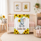 Personalized Baby Girl Blanket - Elephant Sunflowers Nursery, Custom Name Gift