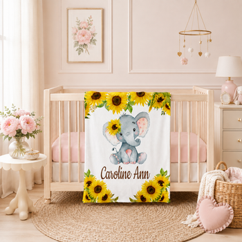 Personalized Baby Girl Blanket - Elephant Sunflowers Nursery, Custom Name Gift