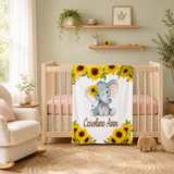 Personalized Baby Girl Blanket - Elephant Sunflowers Nursery, Custom Name Gift