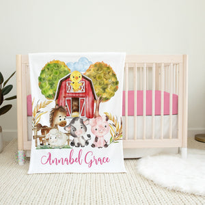 Farm Animals Blanket, Farmhouse Cow Horse Sheep Pig Chicken Barnyard Baby Girl Personalized Name Baby Shower Gift Blanket B1616