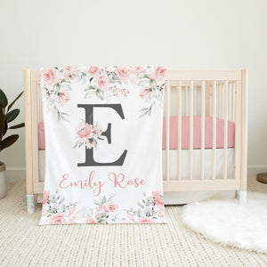 Pink Floral Baby Blanket, Soft Pink Watercolor Flowers Roses Name Blanket, Monogram Baby Girl Personalized Blanket, Baby Shower Gift B1530