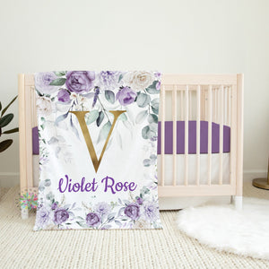 Purple Floral Baby Blanket, Personalized Girl Name Lavender Violet Gold Eucalyptus Newborn Girl Baby Shower Gift, Nursery Bedding B1671