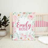 Pink Floral Baby Blanket, Blush Pink Roses, Personalized Baby Girl Blanket, Gifts for Girl, Newborn Baby Shower Gift, Crib Blanket B1688