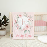 Blush Pink Floral Blanket, Pink Watercolor Flowers Rose Gold Monogram Name Blanket, Baby Girl Personalized Blanket, Baby Shower Gift B1518