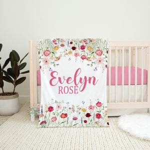 Wildflowers Baby Banket, Personalized Floral, Spring Meadow, Flower Garden, Watercolor Pink Flowers, Nursery Crib , Baby Shower Gift B1683