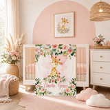 Personalized Giraffe Baby Girl Blanket with Blush Pink Flowers Roses B804