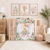 Personalized Giraffe Baby Girl Blanket with Blush Pink Flowers Roses B804