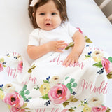 Pink Floral Baby Girl Name Blanket, Personalized Blush Pink Yellow Watercolor Flowers Baby Shower Gift Floral Monogram B1028