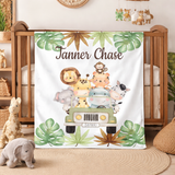 Safari Animals Truck Baby Boy Name Blanket with Tropical Leaves