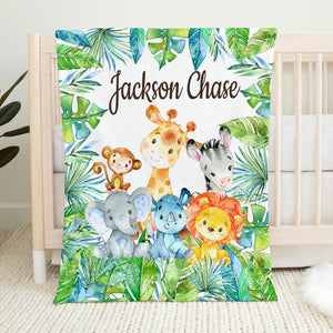Personalized Safari Animals Blanket with Tropical Leaves