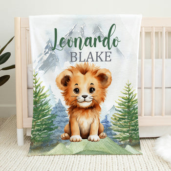 Personalized Lion Baby Name Blanket with Mountains