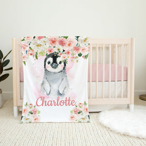 Penguin Baby Girl Name Blanket Blush Pink Floral Blanket Newborn Baby Girl Monogram Flowers Baby Shower Gift Penguin Bedding B1257