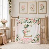 Personalized Baby Girl Blanket – Blush Pink Roses & Gold Floral Monogram B746