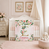Personalized Baby Girl Blanket – Blush Pink Roses & Gold Floral Monogram B746