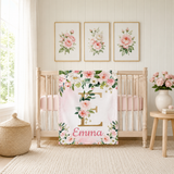 Personalized Baby Girl Blanket – Blush Pink Roses & Gold Floral Monogram B746