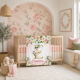 Personalized Baby Girl Blanket – Blush Pink Roses & Gold Floral Monogram B746