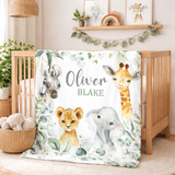 Safari Animals Baby Boy Blanket with Eucalyptus Leaves