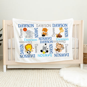 Safari Animals Sport Baby Name Blanket