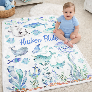 Personalized Sea Animals Baby Boy Blanket