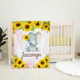 Sunflower Elephant Name Blanket Floral Personalized Watercolor Flowers Baby Girl Shower Gift Newborn Nursery Sunflower B1281