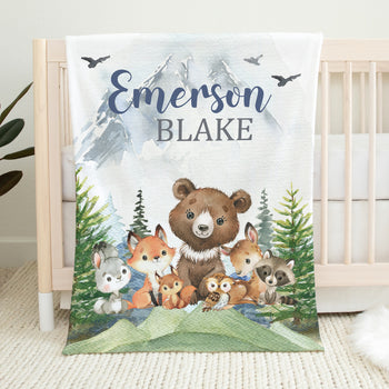 Personalized Woodland Blanket with Trees & Mountains