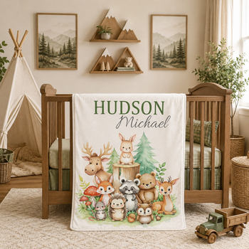 Woodland Animals Gathering Baby Boy Blanket