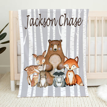 Woodland Animals Baby Boy Name Blanket Birch Trees