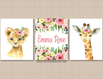 Safari Animals Girl Nursery Wall Art, Blush Pink Coral Floral Flowers C984