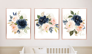 Navy Blue Blush pink watercolor Floral nursery decor