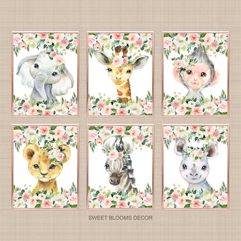 Safari Animals Floral Girl Nursery Wall Art -Watercolor Blush Pink Flowers