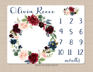 Floral Milestone Blanket Burgundy Navy Blue Red Maroon Watercolor Flowers Roses Baby Name Shower Gift Monthly Tracker B1135