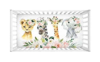 Jungle Safari Animals Crib Sheet Blush Pink Watercolor Flowers Leaves Newborn Baby Shower Gift Nursery Crib Bedding Mattress Cover C160