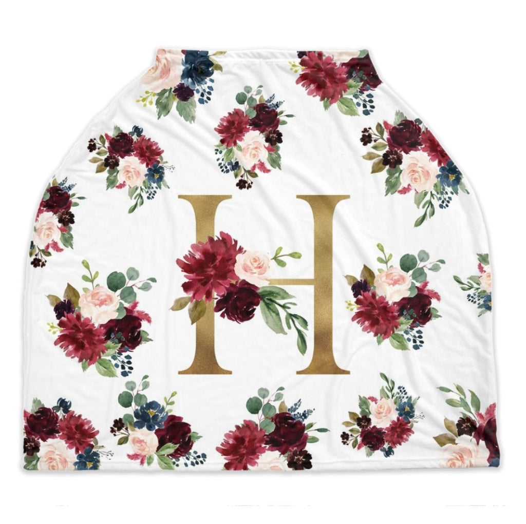 Floral Monogram Baby Car Seat Cover Burgundy Red Blush Pink Navy Blue Maroon Floral Shopping Cart Highchair Nursing Privacy Cover C123