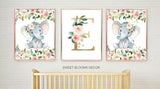 Elephant Baby Girl Floral Nursery Wall Art Blush Pink Coral Flowers with Name Decor C868