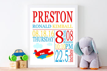 Airplane Birth Print Airplane Birth Announcement Baby Shower Planes Nursery Decor Kids Room PRINT OR CANVAS 104-Sweet Blooms Decor