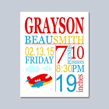 Airplane Birth Print, Airplane Birthday,Airplane Birth Announcement,Airplane Baby Shower ,Airplane Nursery Decor-PRINT OR CANVAS-Sweet Blooms Decor