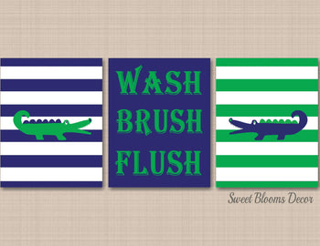 Alligator Bathroom Wall Art Alligator Bathroom Decor Navy Green Alligator Kids Crocodile Rules Wash Brush Flush PRINTS or CANVAS B165-Sweet Blooms Decor