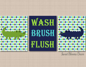 Alligator Bathroom Wall Art Alligator Bathroom Decor Navy Green Yellow Kids Crocodile Bathroom Rules Wash Brush Flush PRINTS or CANVAS B153-Sweet Blooms Decor