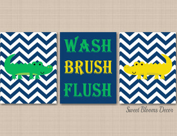 Alligator Bathroom Wall Art Alligator Bathroom Decor Navy Green Yellow Kids Crocodile Rules Art Wash Brush Flush PRINTS or CANVAS B153-Sweet Blooms Decor