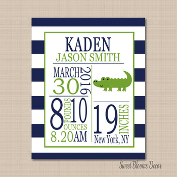 Alligator Birth Print Alligator Nursery Alligator Birth Announcement Alligator Baby Navy Green Alligator PRINT OR CANVAS-Sweet Blooms Decor