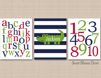 Alligator Nursery Wall Art Baby Boy Bedroom Decor Navy Blue Green Red Boy Kids Room Name Monogram Alphabet Numbers C492-Sweet Blooms Decor